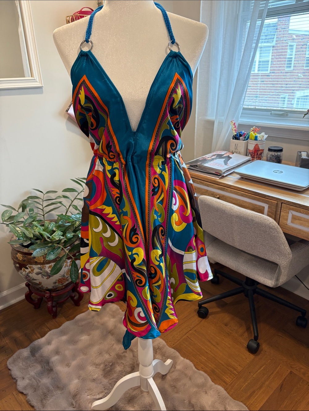 Teal Halter Mini Dress with Vibrant Multicolor Swirl Print